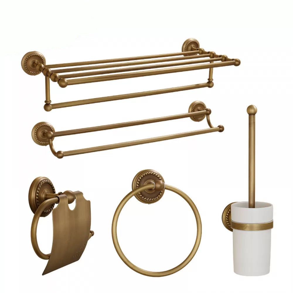 5-Piece Traditional Bathroom Accessory As Individual Or As a Set in Brushed Brass Double Bars 5-Piece Set (Toilet Brush) Clearhalo 'Bathroom Hardware Sets' 'Bathroom Hardware' 'Bathroom Remodel & Bathroom Fixtures' 'bathroom_hardware_sets' 'Home Improvement' 'home_improvement' 'home_improvement_bathroom_hardware_sets' 6675951