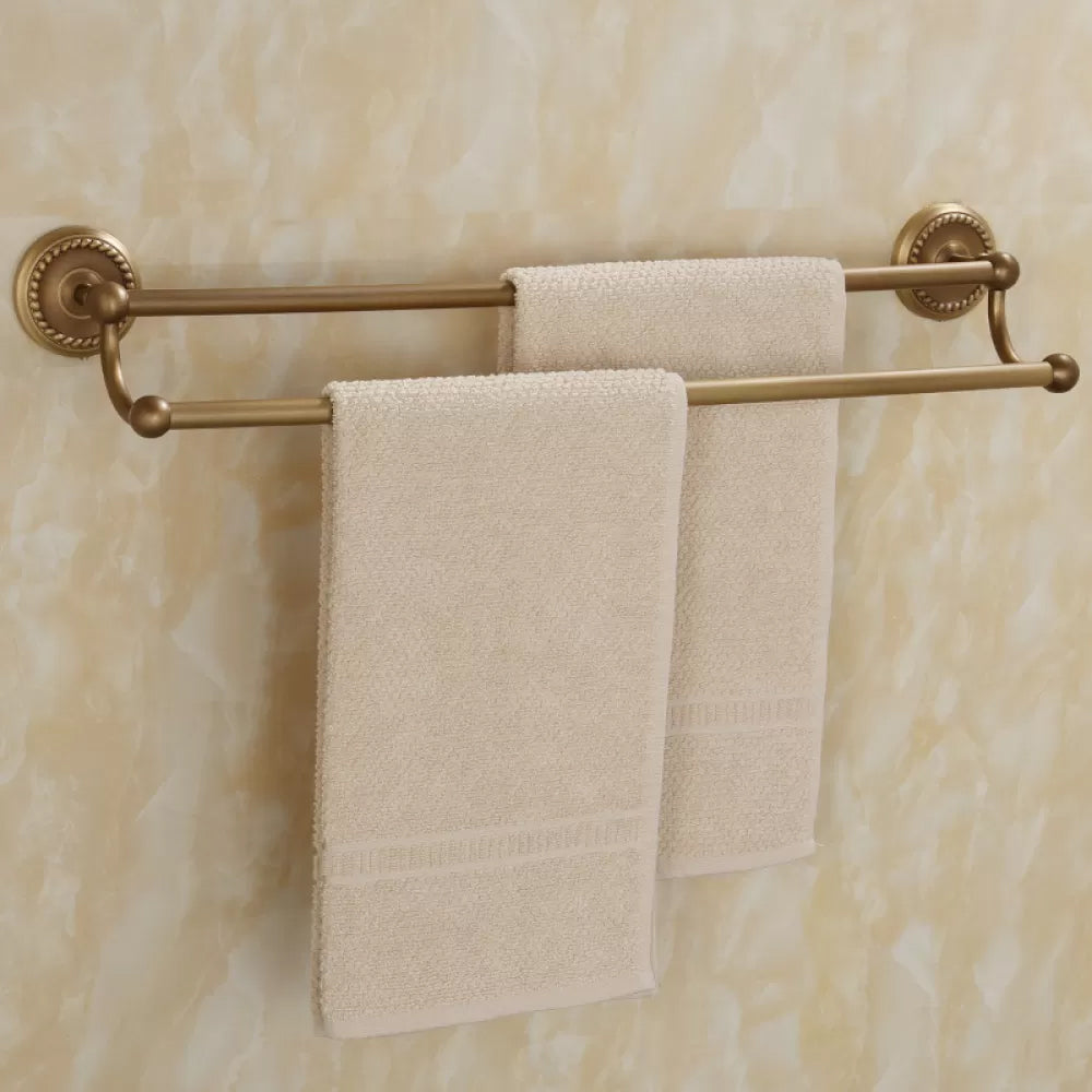 5-Piece Traditional Bathroom Accessory As Individual Or As a Set in Brushed Brass Double Bars Towel Bar Clearhalo 'Bathroom Hardware Sets' 'Bathroom Hardware' 'Bathroom Remodel & Bathroom Fixtures' 'bathroom_hardware_sets' 'Home Improvement' 'home_improvement' 'home_improvement_bathroom_hardware_sets' 6675958