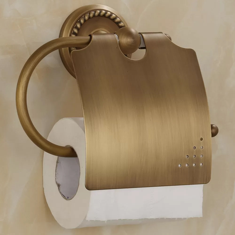 5-Piece Traditional Bathroom Accessory As Individual Or As a Set in Brushed Brass Toilet Paper Holder (7"L) Clearhalo 'Bathroom Hardware Sets' 'Bathroom Hardware' 'Bathroom Remodel & Bathroom Fixtures' 'bathroom_hardware_sets' 'Home Improvement' 'home_improvement' 'home_improvement_bathroom_hardware_sets' 6675959