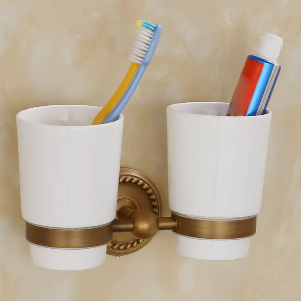 5-Piece Traditional Bathroom Accessory As Individual Or As a Set in Brushed Brass Toothbrush Holder (Double Cups) Clearhalo 'Bathroom Hardware Sets' 'Bathroom Hardware' 'Bathroom Remodel & Bathroom Fixtures' 'bathroom_hardware_sets' 'Home Improvement' 'home_improvement' 'home_improvement_bathroom_hardware_sets' 6675961