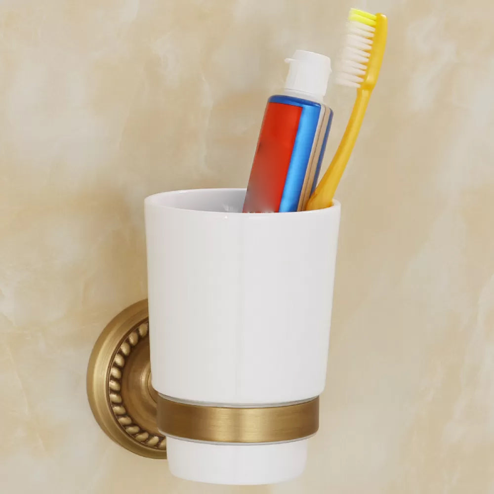 5-Piece Traditional Bathroom Accessory As Individual Or As a Set in Brushed Brass Toothbrush Holder (Single Cup) Clearhalo 'Bathroom Hardware Sets' 'Bathroom Hardware' 'Bathroom Remodel & Bathroom Fixtures' 'bathroom_hardware_sets' 'Home Improvement' 'home_improvement' 'home_improvement_bathroom_hardware_sets' 6675962