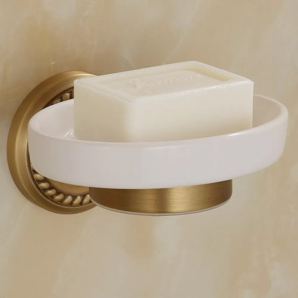 5-Piece Traditional Bathroom Accessory As Individual Or As a Set in Brushed Brass Soap Dish (5"L) Clearhalo 'Bathroom Hardware Sets' 'Bathroom Hardware' 'Bathroom Remodel & Bathroom Fixtures' 'bathroom_hardware_sets' 'Home Improvement' 'home_improvement' 'home_improvement_bathroom_hardware_sets' 6675963