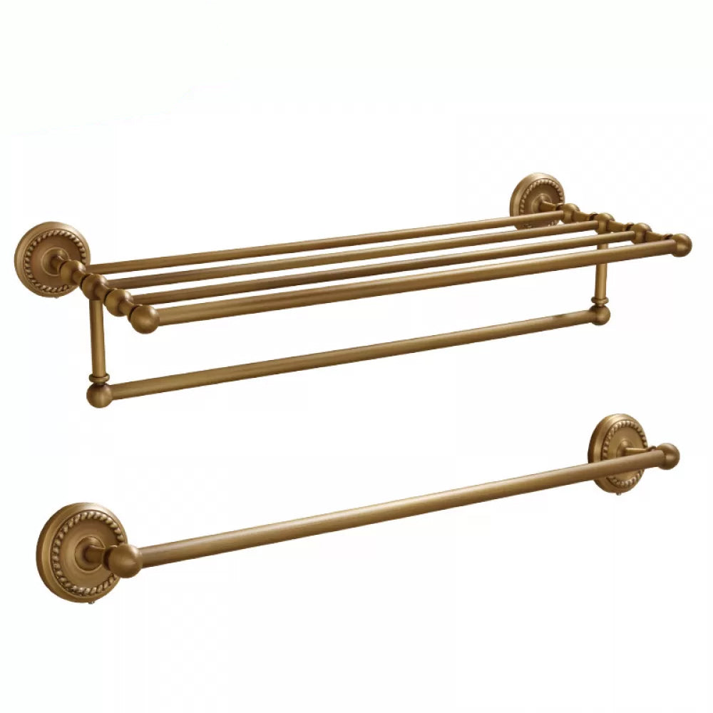 5-Piece Traditional Bathroom Accessory As Individual Or As a Set in Brushed Brass Towel Rack with Towel Bar (Single Bar) Clearhalo 'Bathroom Hardware Sets' 'Bathroom Hardware' 'Bathroom Remodel & Bathroom Fixtures' 'bathroom_hardware_sets' 'Home Improvement' 'home_improvement' 'home_improvement_bathroom_hardware_sets' 6675967