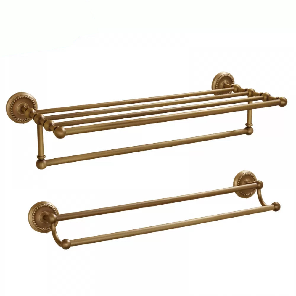 5-Piece Traditional Bathroom Accessory As Individual Or As a Set in Brushed Brass Towel Rack with Towel Bar (Double Bars) Clearhalo 'Bathroom Hardware Sets' 'Bathroom Hardware' 'Bathroom Remodel & Bathroom Fixtures' 'bathroom_hardware_sets' 'Home Improvement' 'home_improvement' 'home_improvement_bathroom_hardware_sets' 6675968