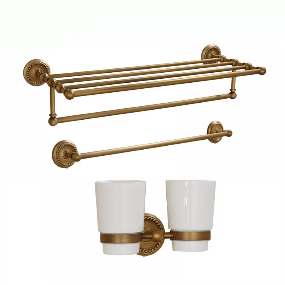 5-Piece Traditional Bathroom Accessory As Individual Or As a Set in Brushed Brass Towel Rack&Single Bar Towel Bar & 2 Cups Toothbrush Holder Clearhalo 'Bathroom Hardware Sets' 'Bathroom Hardware' 'Bathroom Remodel & Bathroom Fixtures' 'bathroom_hardware_sets' 'Home Improvement' 'home_improvement' 'home_improvement_bathroom_hardware_sets' 6675969