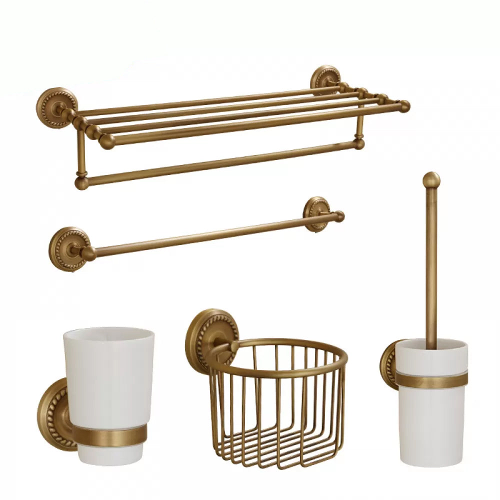 5-Piece Traditional Bathroom Accessory As Individual Or As a Set in Brushed Brass Single Bar 5-Piece Set (Single Cup Toothbrush Holder) Clearhalo 'Bathroom Hardware Sets' 'Bathroom Hardware' 'Bathroom Remodel & Bathroom Fixtures' 'bathroom_hardware_sets' 'Home Improvement' 'home_improvement' 'home_improvement_bathroom_hardware_sets' 6675971