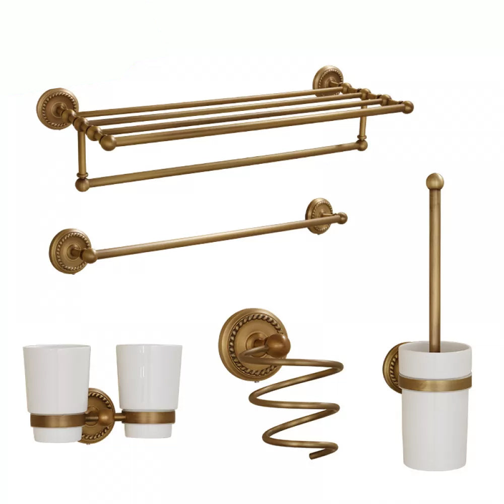 5-Piece Traditional Bathroom Accessory As Individual Or As a Set in Brushed Brass Single Bar 5-Piece Set (Double Cups Toothbrush Holder) Clearhalo 'Bathroom Hardware Sets' 'Bathroom Hardware' 'Bathroom Remodel & Bathroom Fixtures' 'bathroom_hardware_sets' 'Home Improvement' 'home_improvement' 'home_improvement_bathroom_hardware_sets' 6675972