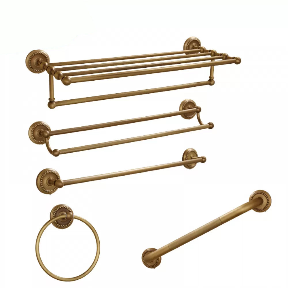 5-Piece Traditional Bathroom Accessory As Individual Or As a Set in Brushed Brass Single Bar 5-Piece Set (Towel Ring) Clearhalo 'Bathroom Hardware Sets' 'Bathroom Hardware' 'Bathroom Remodel & Bathroom Fixtures' 'bathroom_hardware_sets' 'Home Improvement' 'home_improvement' 'home_improvement_bathroom_hardware_sets' 6675973