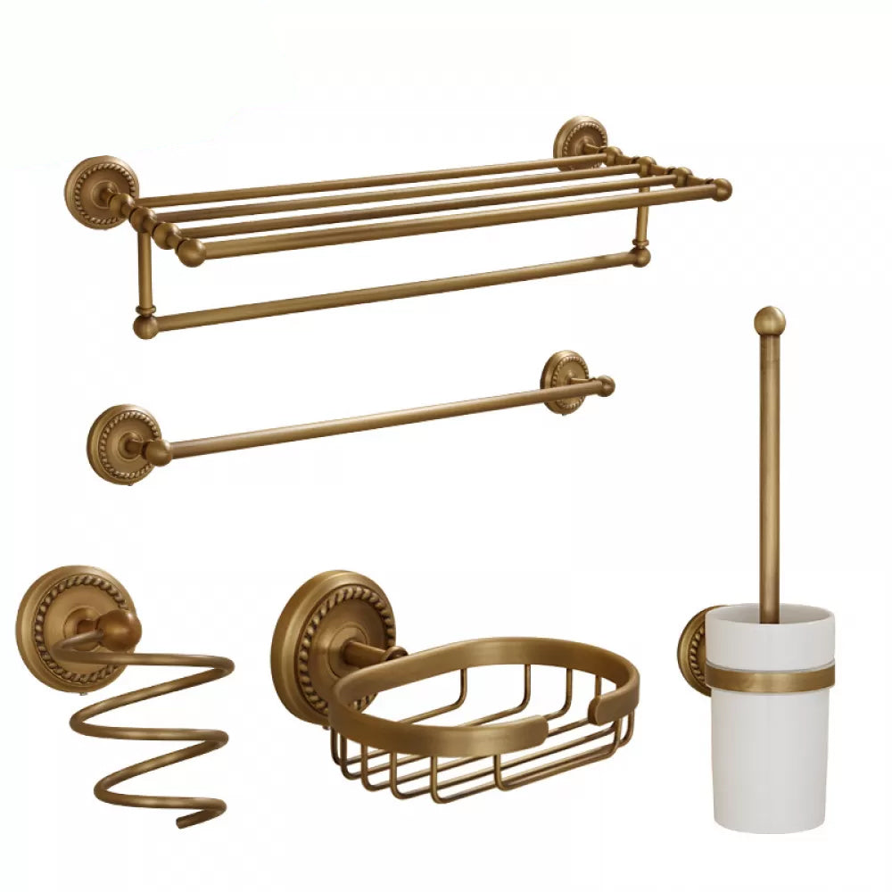 5-Piece Traditional Bathroom Accessory As Individual Or As a Set in Brushed Brass Single Bar 5-Piece Set (Hair Dryer Holder) Clearhalo 'Bathroom Hardware Sets' 'Bathroom Hardware' 'Bathroom Remodel & Bathroom Fixtures' 'bathroom_hardware_sets' 'Home Improvement' 'home_improvement' 'home_improvement_bathroom_hardware_sets' 6675974