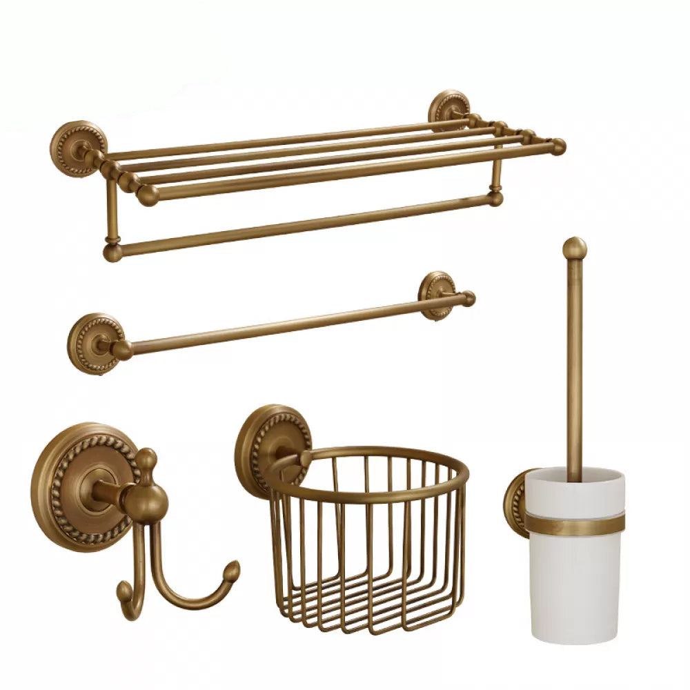 5-Piece Traditional Bathroom Accessory As Individual Or As a Set in Brushed Brass Single Bar 5-Piece Set (2 Hooks) Clearhalo 'Bathroom Hardware Sets' 'Bathroom Hardware' 'Bathroom Remodel & Bathroom Fixtures' 'bathroom_hardware_sets' 'Home Improvement' 'home_improvement' 'home_improvement_bathroom_hardware_sets' 6675975