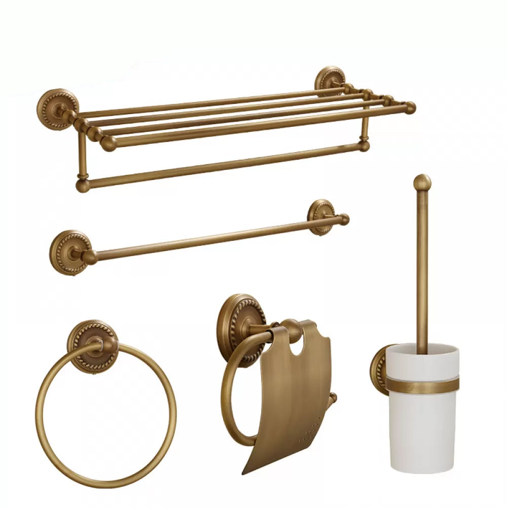 5-Piece Traditional Bathroom Accessory As Individual Or As a Set in Brushed Brass Single Bar 5-Piece Set (Toilet Paper Holder) Clearhalo 'Bathroom Hardware Sets' 'Bathroom Hardware' 'Bathroom Remodel & Bathroom Fixtures' 'bathroom_hardware_sets' 'Home Improvement' 'home_improvement' 'home_improvement_bathroom_hardware_sets' 6675976