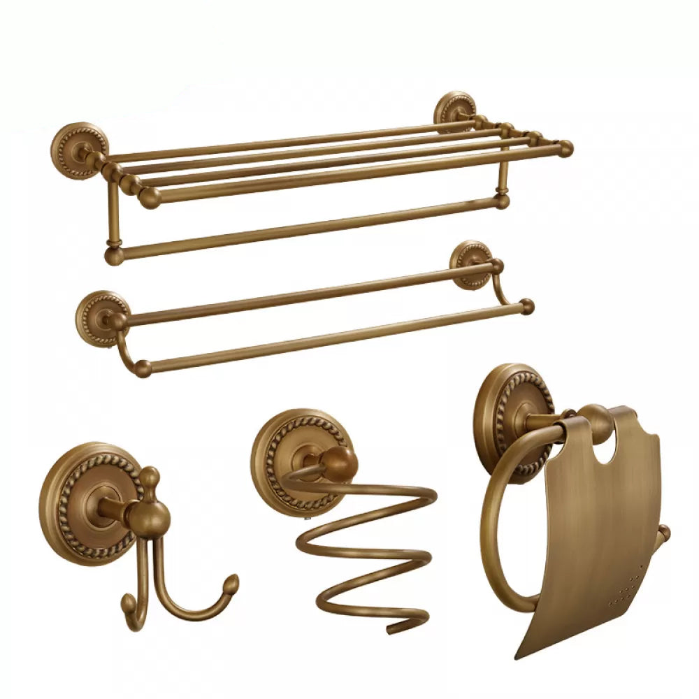 5-Piece Traditional Bathroom Accessory As Individual Or As a Set in Brushed Brass Double Bars 5-Piece Set (2 Hooks) Clearhalo 'Bathroom Hardware Sets' 'Bathroom Hardware' 'Bathroom Remodel & Bathroom Fixtures' 'bathroom_hardware_sets' 'Home Improvement' 'home_improvement' 'home_improvement_bathroom_hardware_sets' 6675977