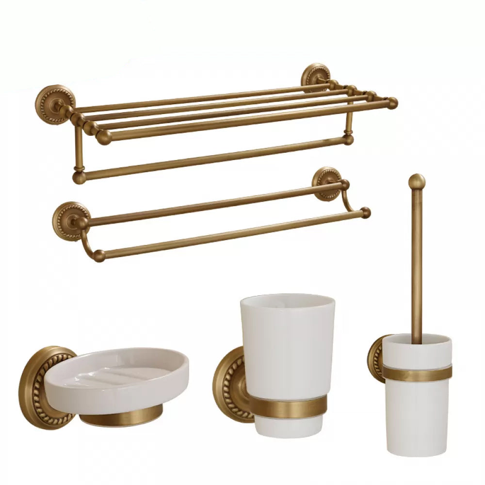 5-Piece Traditional Bathroom Accessory As Individual Or As a Set in Brushed Brass Double Bars 5-Piece Set (Single Cup Toothbrush Holder) Clearhalo 'Bathroom Hardware Sets' 'Bathroom Hardware' 'Bathroom Remodel & Bathroom Fixtures' 'bathroom_hardware_sets' 'Home Improvement' 'home_improvement' 'home_improvement_bathroom_hardware_sets' 6675978