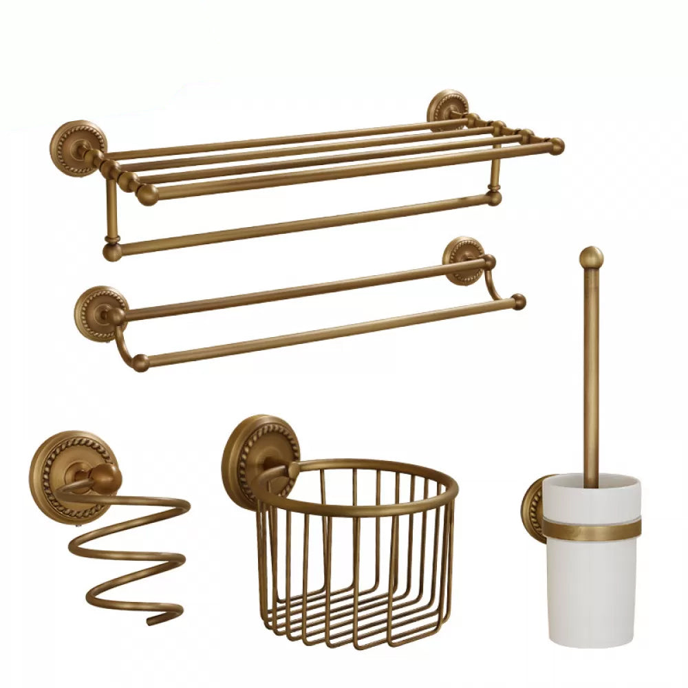 5-Piece Traditional Bathroom Accessory As Individual Or As a Set in Brushed Brass Double Bars 5-Piece Set (Hair Dryer Holder) Clearhalo 'Bathroom Hardware Sets' 'Bathroom Hardware' 'Bathroom Remodel & Bathroom Fixtures' 'bathroom_hardware_sets' 'Home Improvement' 'home_improvement' 'home_improvement_bathroom_hardware_sets' 6675979