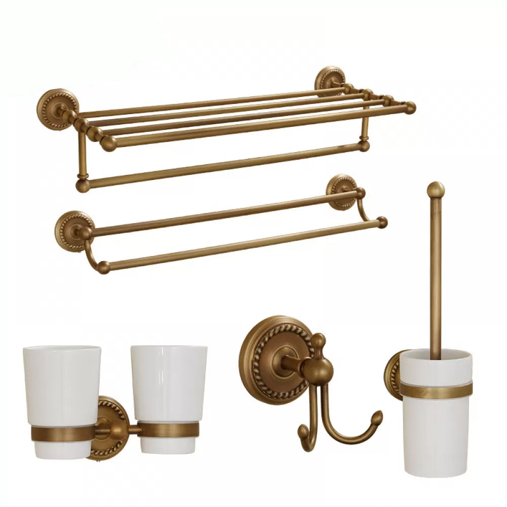 5-Piece Traditional Bathroom Accessory As Individual Or As a Set in Brushed Brass Double Bars 5-Piece Set (Double Cups Toothbrush Holder) Clearhalo 'Bathroom Hardware Sets' 'Bathroom Hardware' 'Bathroom Remodel & Bathroom Fixtures' 'bathroom_hardware_sets' 'Home Improvement' 'home_improvement' 'home_improvement_bathroom_hardware_sets' 6675981