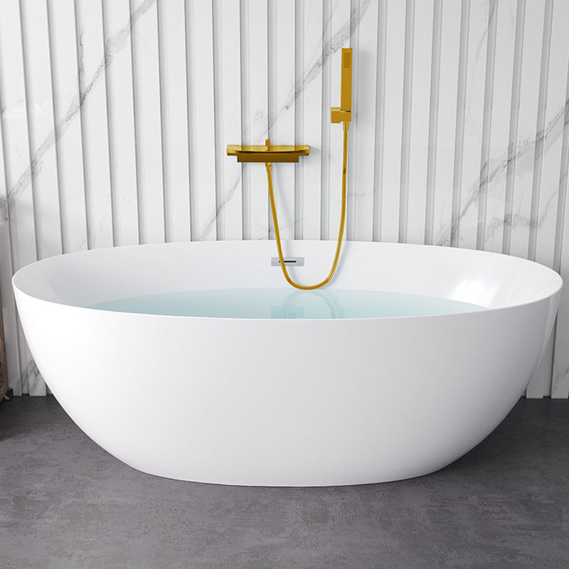 Modern White Acrylic Bathtub Ellipse Freestand Soaking Bathtub with Drain Bath Tub Light Gold Tub with Wall Mounted Faucets Clearhalo 'Bathroom Remodel & Bathroom Fixtures' 'Bathtubs' 'Home Improvement' 'home_improvement' 'home_improvement_bathtubs' 'Showers & Bathtubs' 6676515