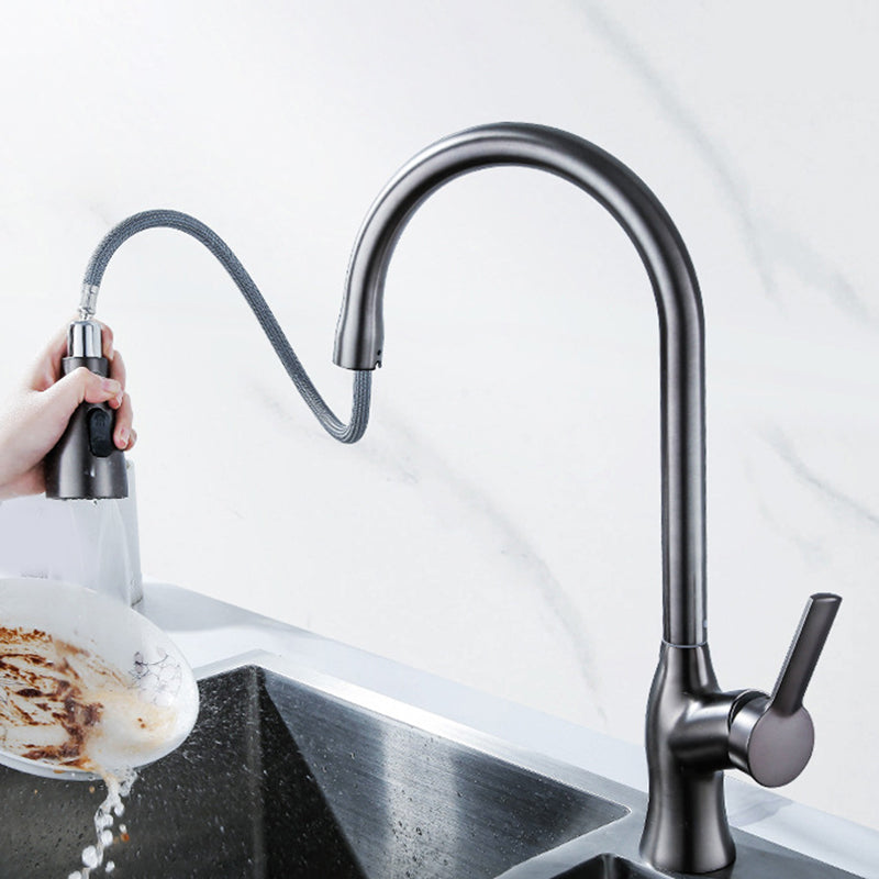 Contemporary Kitchen Faucet Copper 1-Handle High Arc Retractable Kitchen Faucet Silver/Gray Clearhalo 'Home Improvement' 'home_improvement' 'home_improvement_kitchen_faucets' 'Kitchen Faucets' 'Kitchen Remodel & Kitchen Fixtures' 'Kitchen Sinks & Faucet Components' 'kitchen_faucets' 6680933