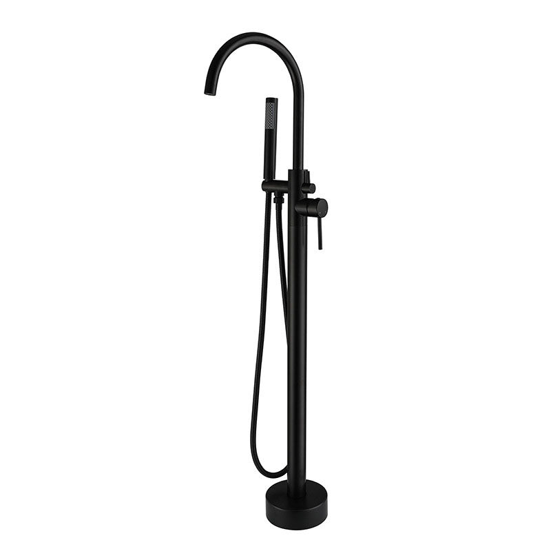 Floor Mounted Metal Freestanding Tub Filler Double Handles Freestanding Faucet with Hose Black Gooseneck Clearhalo 'Bathroom Remodel & Bathroom Fixtures' 'Bathtub Faucets' 'bathtub_faucets' 'Home Improvement' 'home_improvement' 'home_improvement_bathtub_faucets' 6681442