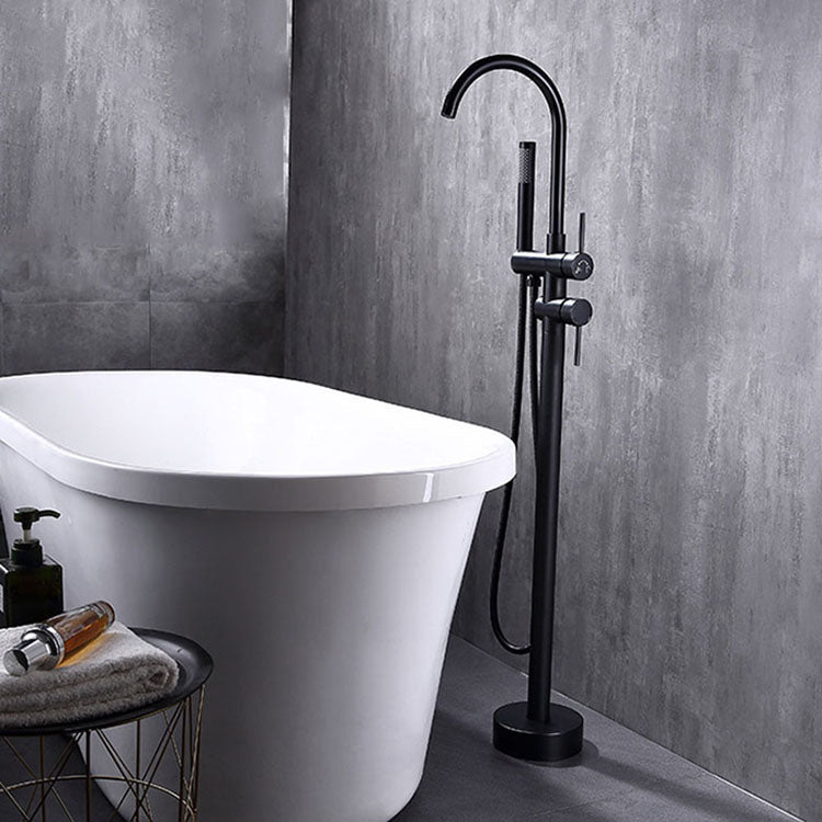 Floor Mounted Metal Freestanding Tub Filler Double Handles Freestanding Faucet with Hose Clearhalo 'Bathroom Remodel & Bathroom Fixtures' 'Bathtub Faucets' 'bathtub_faucets' 'Home Improvement' 'home_improvement' 'home_improvement_bathtub_faucets' 6681443