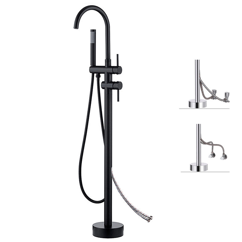 Freestanding Bathtub Faucet Floor Mounted One Lever Handle with Hose Black Gooseneck Wall Clearhalo 'Bathroom Remodel & Bathroom Fixtures' 'Bathtub Faucets' 'bathtub_faucets' 'Home Improvement' 'home_improvement' 'home_improvement_bathtub_faucets' 6681473