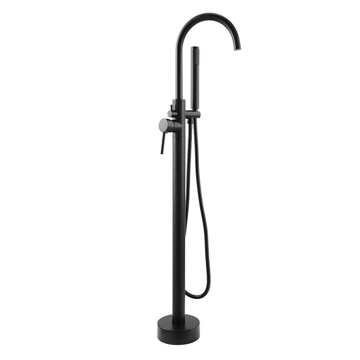 Contemporary Metal Freestanding Faucet Floor Mounted Freestanding Bathtub Faucet Black Hand Shower Included Wall Clearhalo 'Bathroom Remodel & Bathroom Fixtures' 'Bathtub Faucets' 'bathtub_faucets' 'Home Improvement' 'home_improvement' 'home_improvement_bathtub_faucets' 6681606