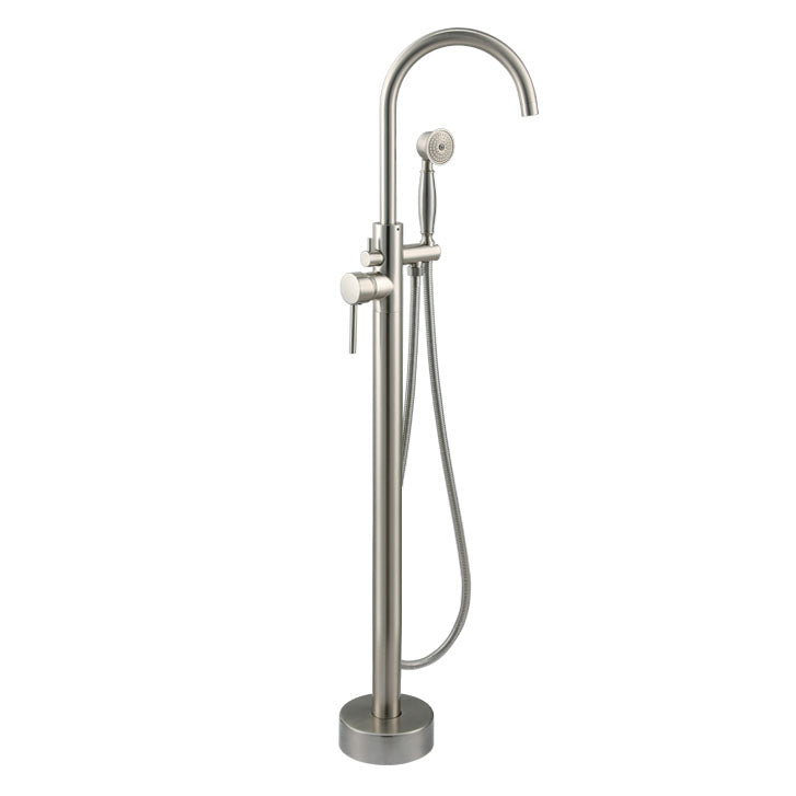 Contemporary Metal Freestanding Faucet Floor Mounted Freestanding Bathtub Faucet Nickel Hand Shower Included Ground Clearhalo 'Bathroom Remodel & Bathroom Fixtures' 'Bathtub Faucets' 'bathtub_faucets' 'Home Improvement' 'home_improvement' 'home_improvement_bathtub_faucets' 6681613