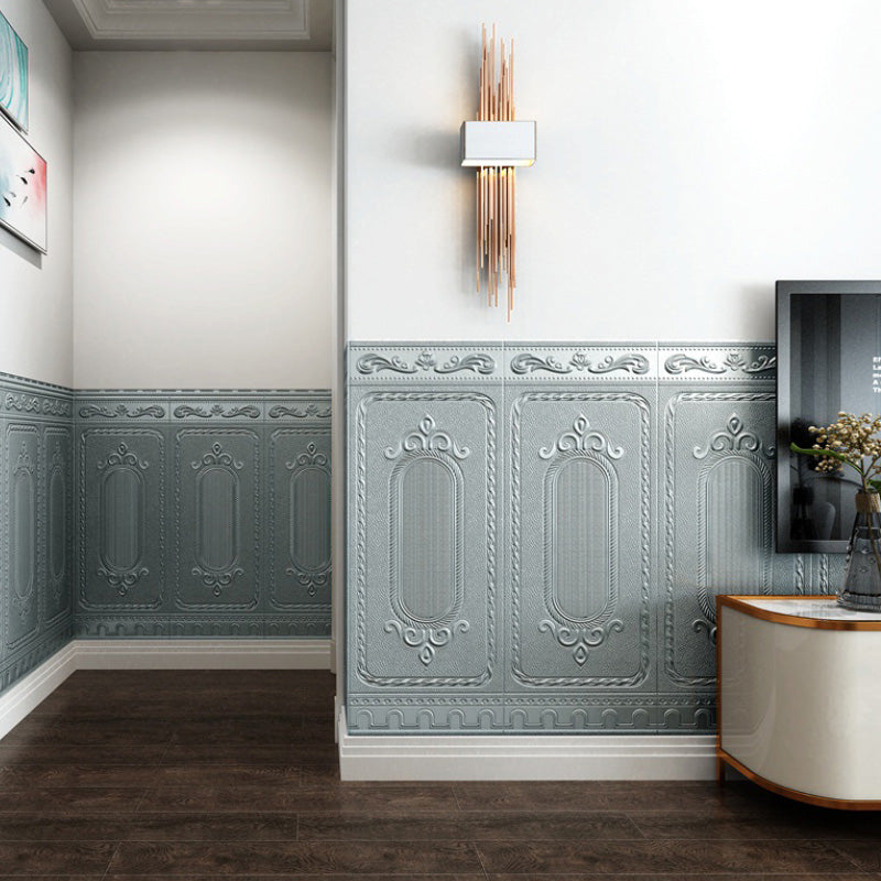 Glam Style Wall Paneling Living Room Peel and Stick 3D Embossing Waterproof Wall Paneling Silver Gray 50-Piece Set 3D Embossed Clearhalo 'Flooring 'Home Improvement' 'home_improvement' 'home_improvement_wall_paneling' 'Wall Paneling' 'wall_paneling' 'Walls & Ceilings' Walls and Ceiling' 6681970