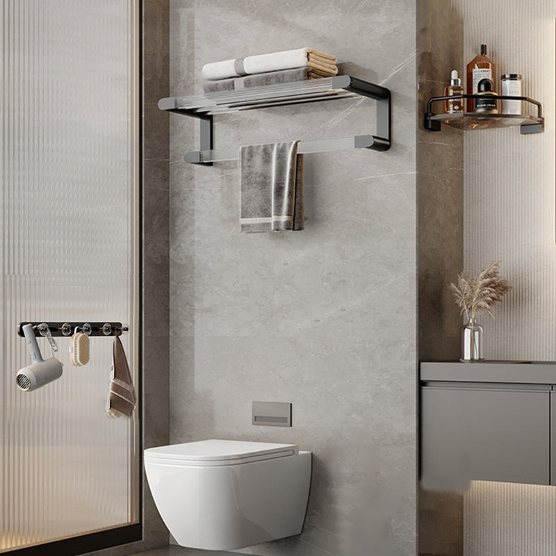 Black Finish Bathroom Set Metallic & Acrylic Bathroom Hardware Set in Stainless Aluminum Towel Rack & Triangle Bathroom Shelf & Row Hook Clearhalo 'Bathroom Hardware Sets' 'Bathroom Hardware' 'Bathroom Remodel & Bathroom Fixtures' 'bathroom_hardware_sets' 'Home Improvement' 'home_improvement' 'home_improvement_bathroom_hardware_sets' 6688515