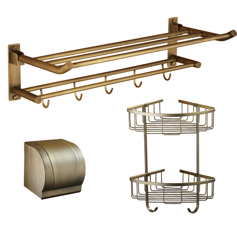 Distressed Brass Traditional Bathroom Set with Bath Shelf/Paper Holder & Towel Bar 3-Piece Set Clearhalo 'Bathroom Hardware Sets' 'Bathroom Hardware' 'Bathroom Remodel & Bathroom Fixtures' 'bathroom_hardware_sets' 'Home Improvement' 'home_improvement' 'home_improvement_bathroom_hardware_sets' 6688702