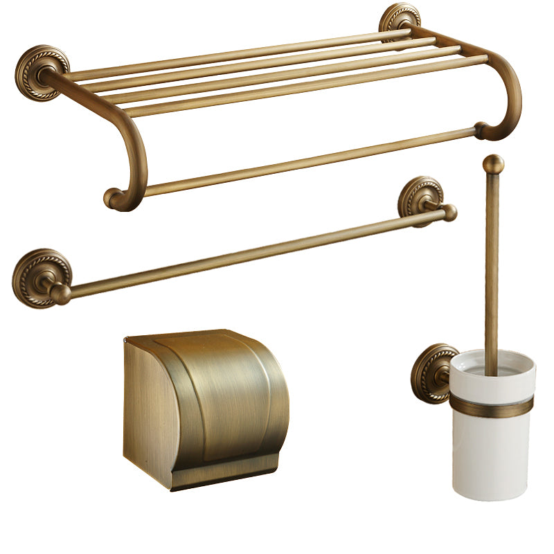 Distressed Brass Traditional Bathroom Set with Bath Shelf/Paper Holder & Towel Bar Curved Bar 4-Piece Set (Single Bar) Clearhalo 'Bathroom Hardware Sets' 'Bathroom Hardware' 'Bathroom Remodel & Bathroom Fixtures' 'bathroom_hardware_sets' 'Home Improvement' 'home_improvement' 'home_improvement_bathroom_hardware_sets' 6688703