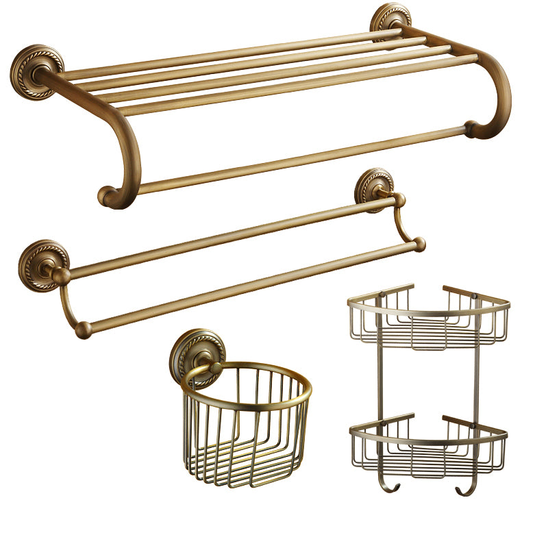 Distressed Brass Traditional Bathroom Set with Bath Shelf/Paper Holder & Towel Bar Curved Bar 4-Piece Set (Double Bars) Clearhalo 'Bathroom Hardware Sets' 'Bathroom Hardware' 'Bathroom Remodel & Bathroom Fixtures' 'bathroom_hardware_sets' 'Home Improvement' 'home_improvement' 'home_improvement_bathroom_hardware_sets' 6688704