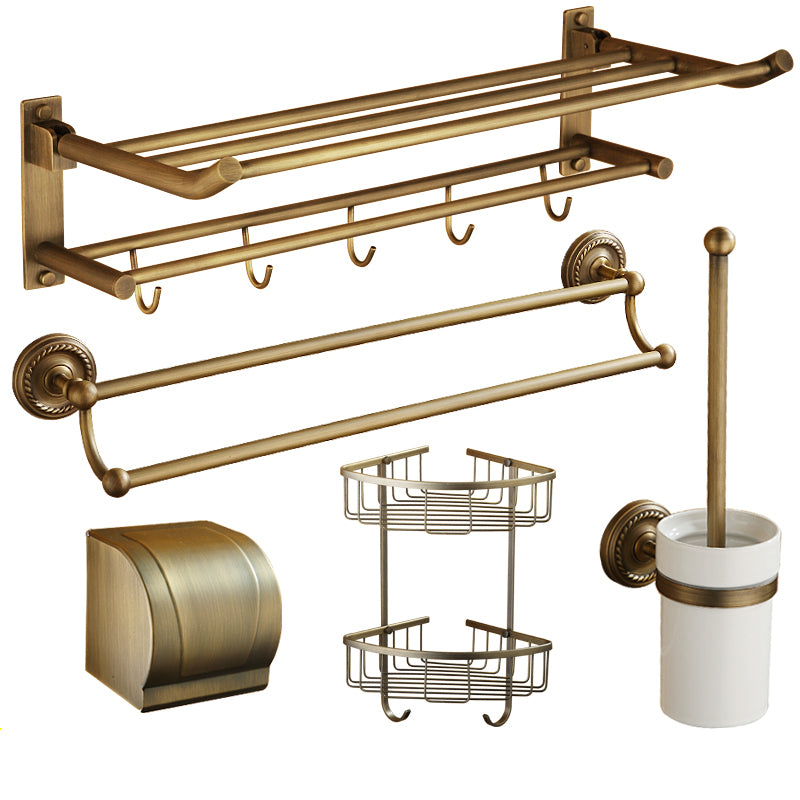 Distressed Brass Traditional Bathroom Set with Bath Shelf/Paper Holder & Towel Bar Foldable 5-Piece Set Clearhalo 'Bathroom Hardware Sets' 'Bathroom Hardware' 'Bathroom Remodel & Bathroom Fixtures' 'bathroom_hardware_sets' 'Home Improvement' 'home_improvement' 'home_improvement_bathroom_hardware_sets' 6688705