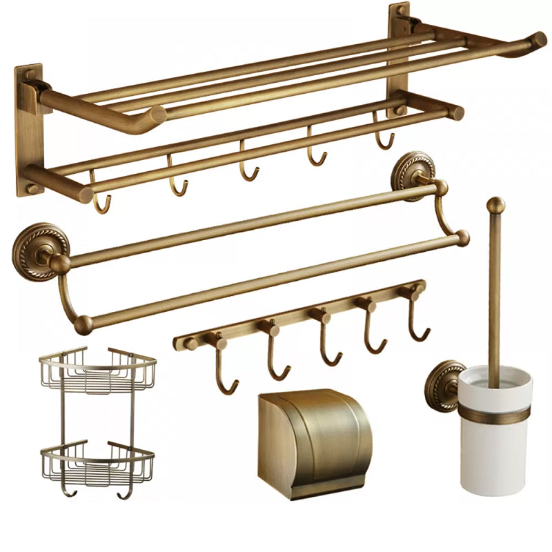 Distressed Brass Traditional Bathroom Set with Bath Shelf/Paper Holder & Towel Bar Foldable 6-Piece Set Clearhalo 'Bathroom Hardware Sets' 'Bathroom Hardware' 'Bathroom Remodel & Bathroom Fixtures' 'bathroom_hardware_sets' 'Home Improvement' 'home_improvement' 'home_improvement_bathroom_hardware_sets' 6688706