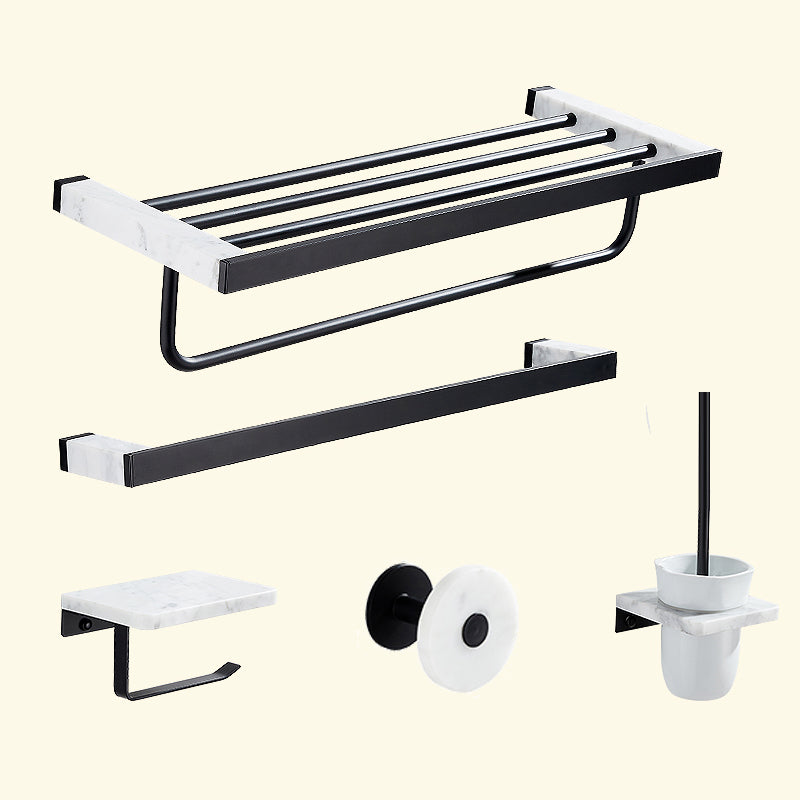 Matte Black Bathroom Accessory Set in Metal & Marble with Bath Shelf/Towel Bar 5-Piece Set (Single Rod) Clearhalo 'Bathroom Hardware Sets' 'Bathroom Hardware' 'Bathroom Remodel & Bathroom Fixtures' 'bathroom_hardware_sets' 'Home Improvement' 'home_improvement' 'home_improvement_bathroom_hardware_sets' 6688738