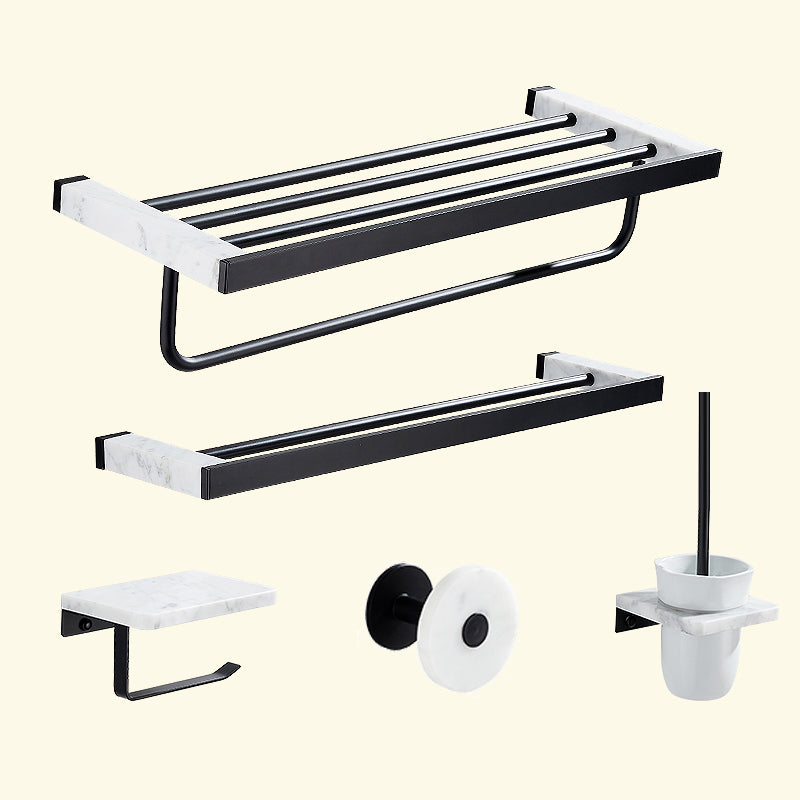 Matte Black Bathroom Accessory Set in Metal & Marble with Bath Shelf/Towel Bar 5-Piece Set (Double Rods) Clearhalo 'Bathroom Hardware Sets' 'Bathroom Hardware' 'Bathroom Remodel & Bathroom Fixtures' 'bathroom_hardware_sets' 'Home Improvement' 'home_improvement' 'home_improvement_bathroom_hardware_sets' 6688740