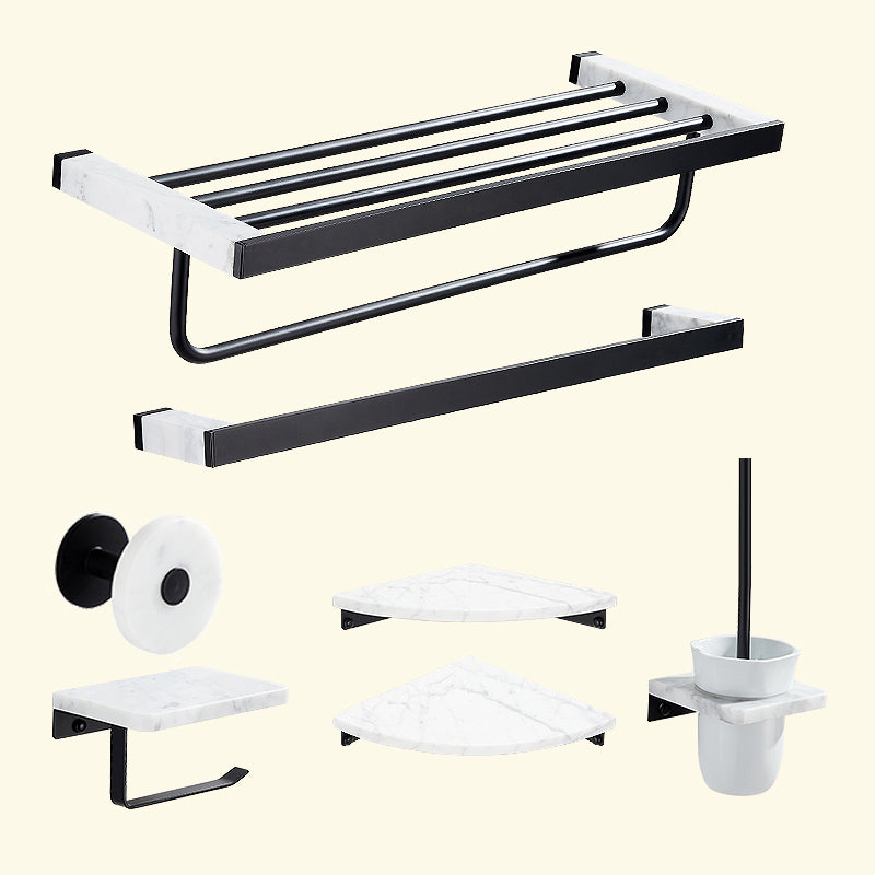 Matte Black Bathroom Accessory Set in Metal & Marble with Bath Shelf/Towel Bar 7-Piece Set (Single Rod) Clearhalo 'Bathroom Hardware Sets' 'Bathroom Hardware' 'Bathroom Remodel & Bathroom Fixtures' 'bathroom_hardware_sets' 'Home Improvement' 'home_improvement' 'home_improvement_bathroom_hardware_sets' 6688743