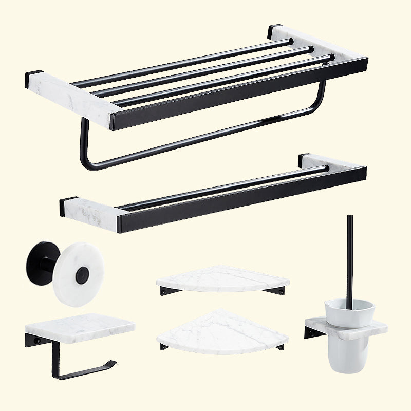 Matte Black Bathroom Accessory Set in Metal & Marble with Bath Shelf/Towel Bar 7-Piece Set (Double Rods) Clearhalo 'Bathroom Hardware Sets' 'Bathroom Hardware' 'Bathroom Remodel & Bathroom Fixtures' 'bathroom_hardware_sets' 'Home Improvement' 'home_improvement' 'home_improvement_bathroom_hardware_sets' 6688745