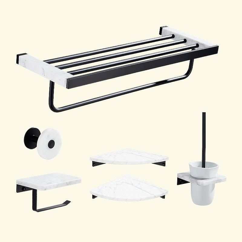 Matte Black Bathroom Accessory Set in Metal & Marble with Bath Shelf/Towel Bar 6-Piece Set Clearhalo 'Bathroom Hardware Sets' 'Bathroom Hardware' 'Bathroom Remodel & Bathroom Fixtures' 'bathroom_hardware_sets' 'Home Improvement' 'home_improvement' 'home_improvement_bathroom_hardware_sets' 6688752