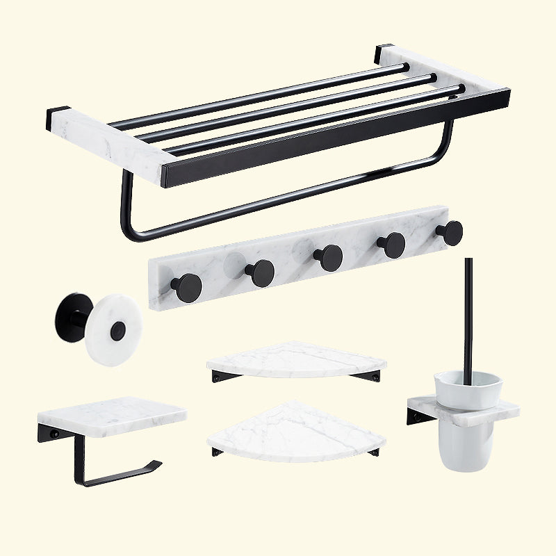 Matte Black Bathroom Accessory Set in Metal & Marble with Bath Shelf/Towel Bar 7-Piece Set (Hook) Clearhalo 'Bathroom Hardware Sets' 'Bathroom Hardware' 'Bathroom Remodel & Bathroom Fixtures' 'bathroom_hardware_sets' 'Home Improvement' 'home_improvement' 'home_improvement_bathroom_hardware_sets' 6688755