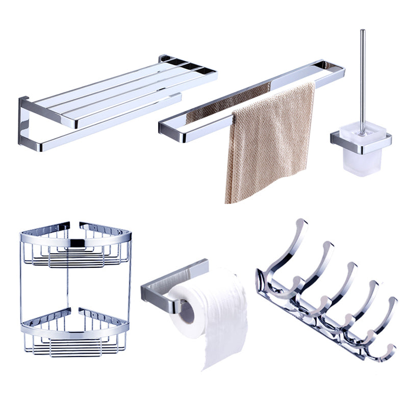 Chrome Brass Moderne Bathroom Accessory Set with Towel Bar/ Ring/Paper Holder & Robe Hook Single Bar 6-Piece Set Clearhalo 'Bathroom Hardware Sets' 'Bathroom Hardware' 'Bathroom Remodel & Bathroom Fixtures' 'bathroom_hardware_sets' 'Home Improvement' 'home_improvement' 'home_improvement_bathroom_hardware_sets' 6688778