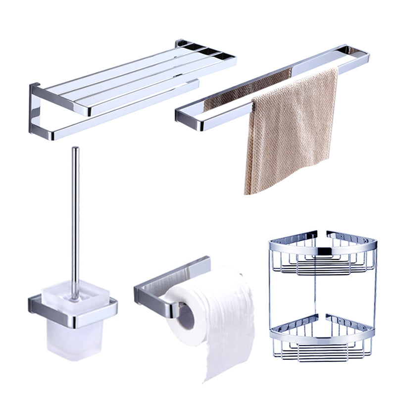 Chrome Brass Moderne Bathroom Accessory Set with Towel Bar/ Ring/Paper Holder & Robe Hook Single Bar 5-Piece Set Clearhalo 'Bathroom Hardware Sets' 'Bathroom Hardware' 'Bathroom Remodel & Bathroom Fixtures' 'bathroom_hardware_sets' 'Home Improvement' 'home_improvement' 'home_improvement_bathroom_hardware_sets' 6688785