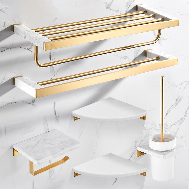 Brushed Brass Bathroom Accessory Set Metal & Marble Bathroom Hardware Set with Bath Shelf Clearhalo 'Bathroom Hardware Sets' 'Bathroom Hardware' 'Bathroom Remodel & Bathroom Fixtures' 'bathroom_hardware_sets' 'Home Improvement' 'home_improvement' 'home_improvement_bathroom_hardware_sets' 6688803