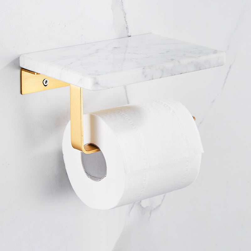 Brushed Brass Bathroom Accessory Set Metal & Marble Bathroom Hardware Set with Bath Shelf Toilet Paper Holder Clearhalo 'Bathroom Hardware Sets' 'Bathroom Hardware' 'Bathroom Remodel & Bathroom Fixtures' 'bathroom_hardware_sets' 'Home Improvement' 'home_improvement' 'home_improvement_bathroom_hardware_sets' 6688804