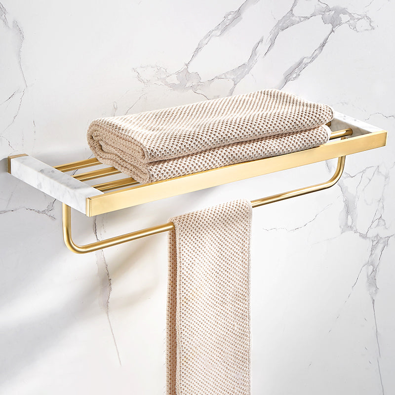 Brushed Brass Bathroom Accessory Set Metal & Marble Bathroom Hardware Set with Bath Shelf Towel Rack Clearhalo 'Bathroom Hardware Sets' 'Bathroom Hardware' 'Bathroom Remodel & Bathroom Fixtures' 'bathroom_hardware_sets' 'Home Improvement' 'home_improvement' 'home_improvement_bathroom_hardware_sets' 6688806