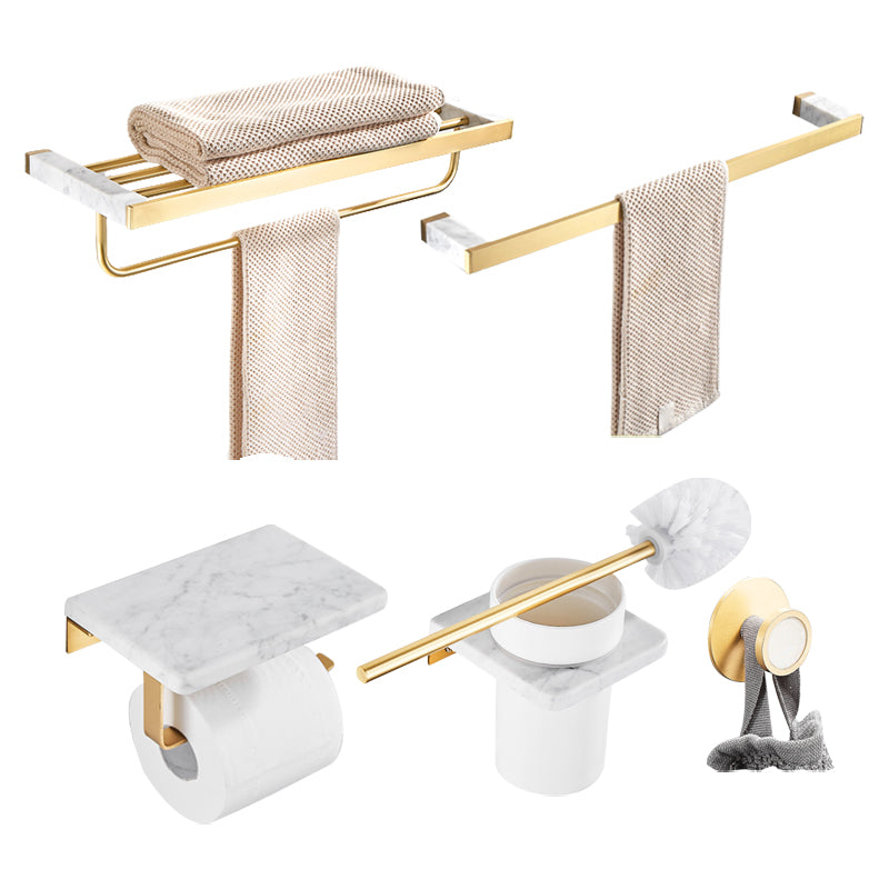 Brushed Brass Bathroom Accessory Set Metal & Marble Bathroom Hardware Set with Bath Shelf 5-Piece Set (Single Rod) Clearhalo 'Bathroom Hardware Sets' 'Bathroom Hardware' 'Bathroom Remodel & Bathroom Fixtures' 'bathroom_hardware_sets' 'Home Improvement' 'home_improvement' 'home_improvement_bathroom_hardware_sets' 6688811