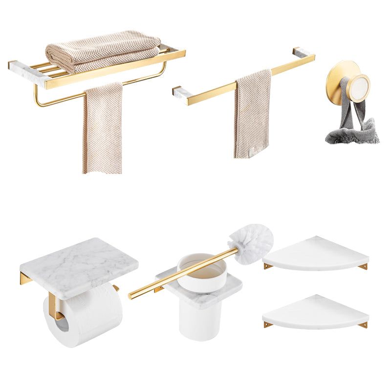 Brushed Brass Bathroom Accessory Set Metal & Marble Bathroom Hardware Set with Bath Shelf 7-Piece Set (Single Rod) Clearhalo 'Bathroom Hardware Sets' 'Bathroom Hardware' 'Bathroom Remodel & Bathroom Fixtures' 'bathroom_hardware_sets' 'Home Improvement' 'home_improvement' 'home_improvement_bathroom_hardware_sets' 6688817