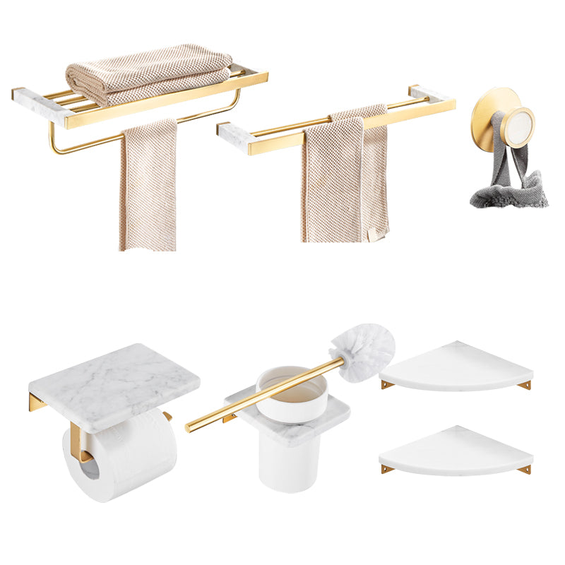 Brushed Brass Bathroom Accessory Set Metal & Marble Bathroom Hardware Set with Bath Shelf 7-Piece Set (Double Rods) Clearhalo 'Bathroom Hardware Sets' 'Bathroom Hardware' 'Bathroom Remodel & Bathroom Fixtures' 'bathroom_hardware_sets' 'Home Improvement' 'home_improvement' 'home_improvement_bathroom_hardware_sets' 6688819