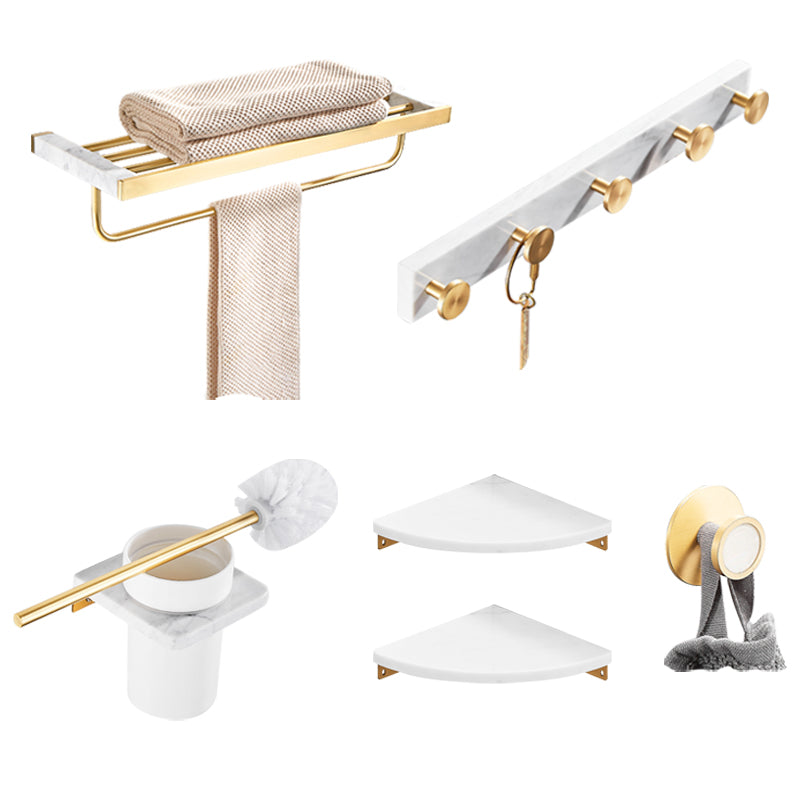 Brushed Brass Bathroom Accessory Set Metal & Marble Bathroom Hardware Set with Bath Shelf 6-Piece Set (Row Hook) Clearhalo 'Bathroom Hardware Sets' 'Bathroom Hardware' 'Bathroom Remodel & Bathroom Fixtures' 'bathroom_hardware_sets' 'Home Improvement' 'home_improvement' 'home_improvement_bathroom_hardware_sets' 6688822