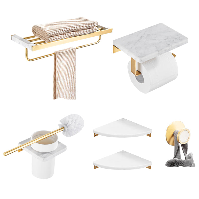 Brushed Brass Bathroom Accessory Set Metal & Marble Bathroom Hardware Set with Bath Shelf 6-Piece Set (Toilet Paper Holder) Clearhalo 'Bathroom Hardware Sets' 'Bathroom Hardware' 'Bathroom Remodel & Bathroom Fixtures' 'bathroom_hardware_sets' 'Home Improvement' 'home_improvement' 'home_improvement_bathroom_hardware_sets' 6688823