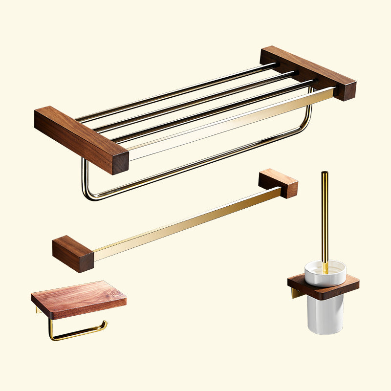 Polished Brass Bathroom Hardware Set Metal & Wood Bathroom Set with Bath Shelf/Towel Bar 4-Piece Set Clearhalo 'Bathroom Hardware Sets' 'Bathroom Hardware' 'Bathroom Remodel & Bathroom Fixtures' 'bathroom_hardware_sets' 'Home Improvement' 'home_improvement' 'home_improvement_bathroom_hardware_sets' 6688845